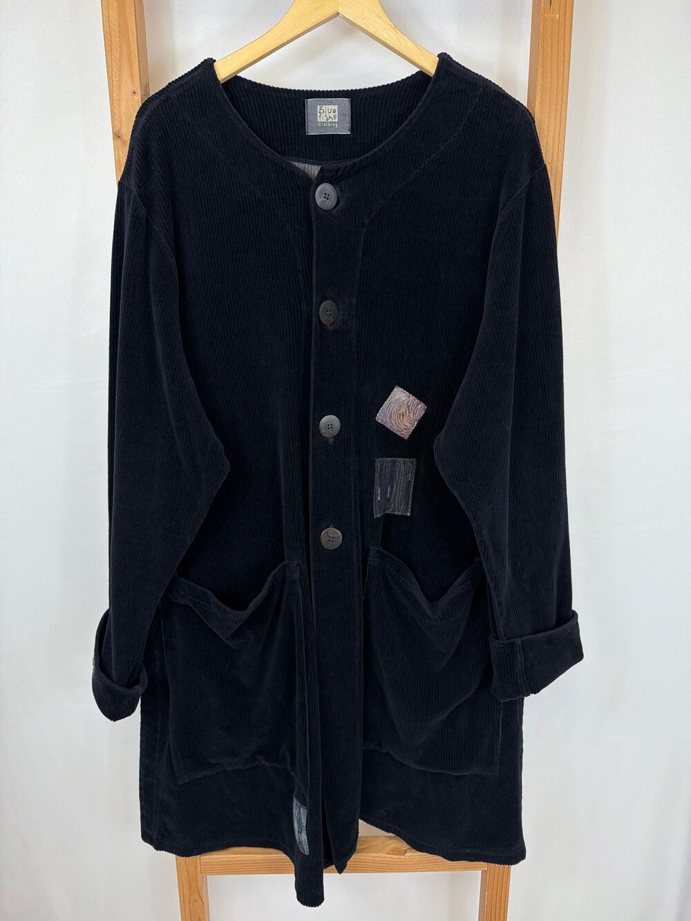 Blue Fish Black Embroidered & Painted Corduroy Long Jacket Made in USA OS